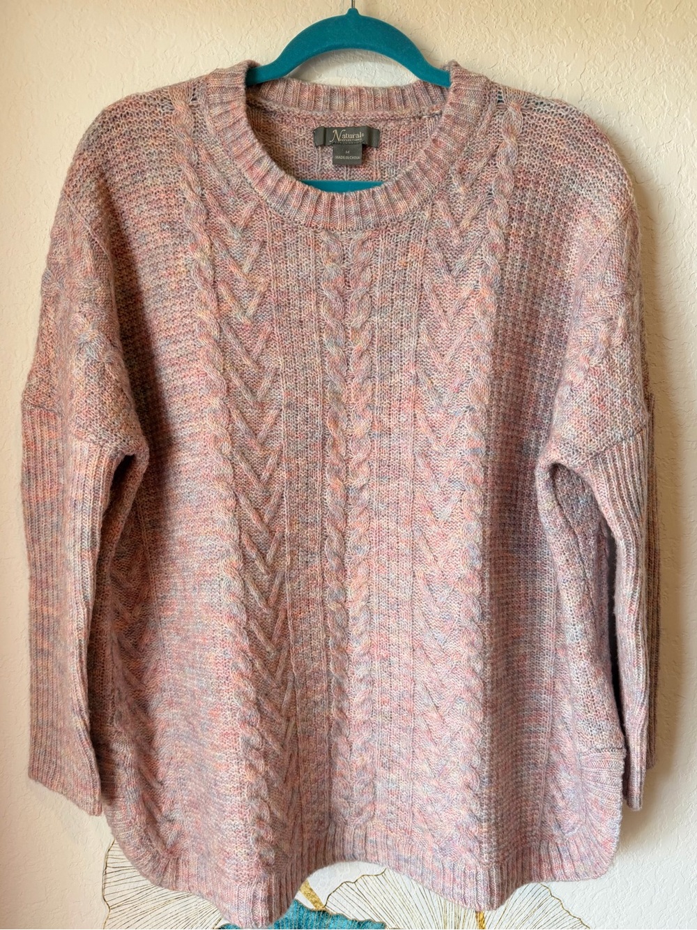 Natural Reflections Pink Multitone Cable Knit Crewneck Sweater